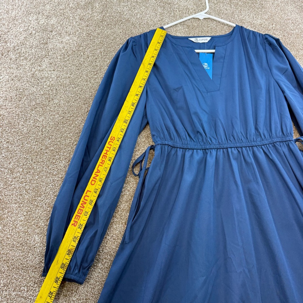 NEW Cupshe Womens S Long Sleeve V-Neck Tiered Midi Dress Blue Ruffle Tie Modest - Picture 9 of 14